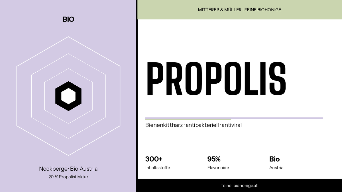 Bio-Propolistinktur 20 % aus den Nockbergen – Bienenkittharz mit über 300 bioaktiven Inhaltsstoffen, antibakteriell und antiviral. Bio Austria zertifiziert, Mitterer & Müller | Feine BioHonige