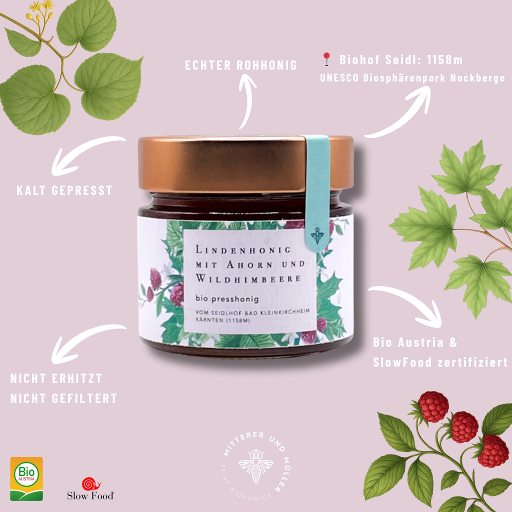 Bio Presshonig Linde, Ahorn & Wildhimbeere aus dem Nockberge – Muttertag Geschenk Kärnten