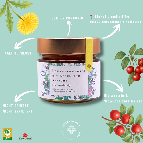 Bio-Presshonig Löwenzahn, Apfel & Kirsche – Rohhonig kaltgepresst