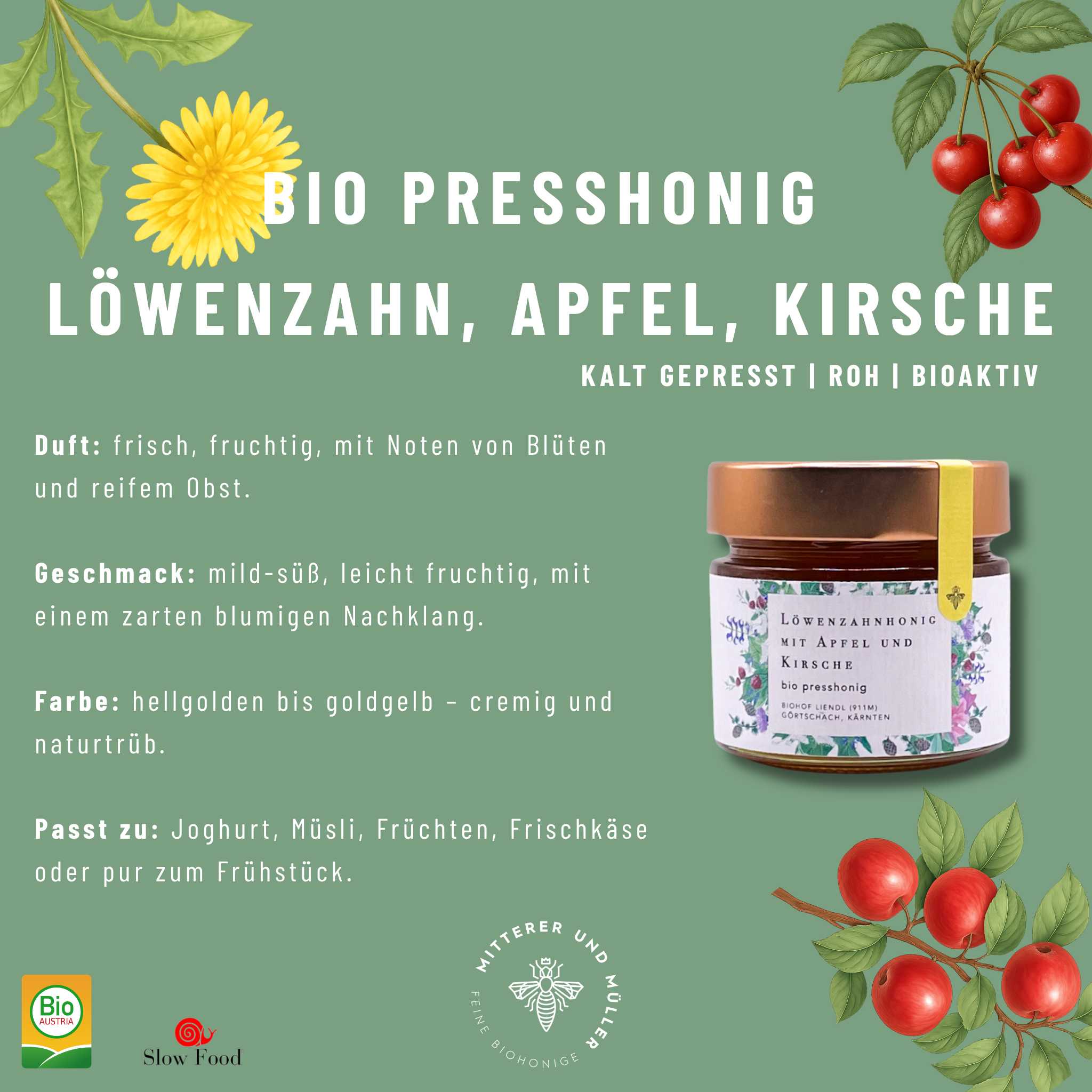 Bio-Presshonig Löwenzahn, Apfel & Kirsche – Rohhonig kaltgepresst