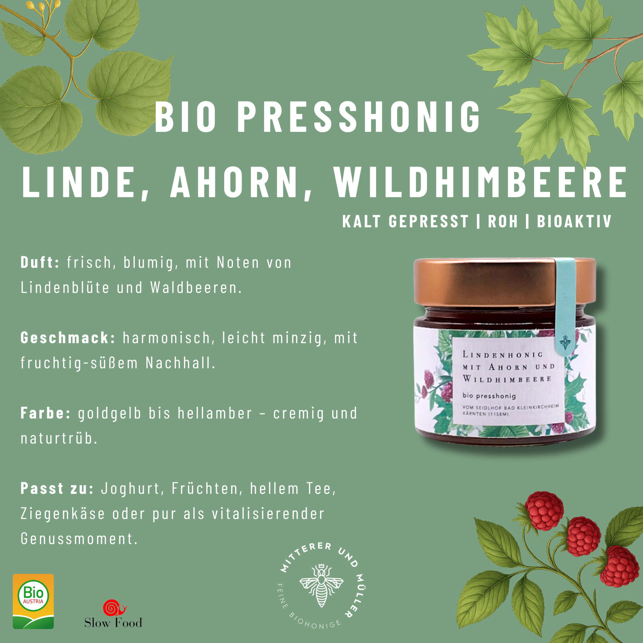 Bio-Presshonig Linde, Ahorn & Wildhimbeere – Rohhonig kaltgepresst