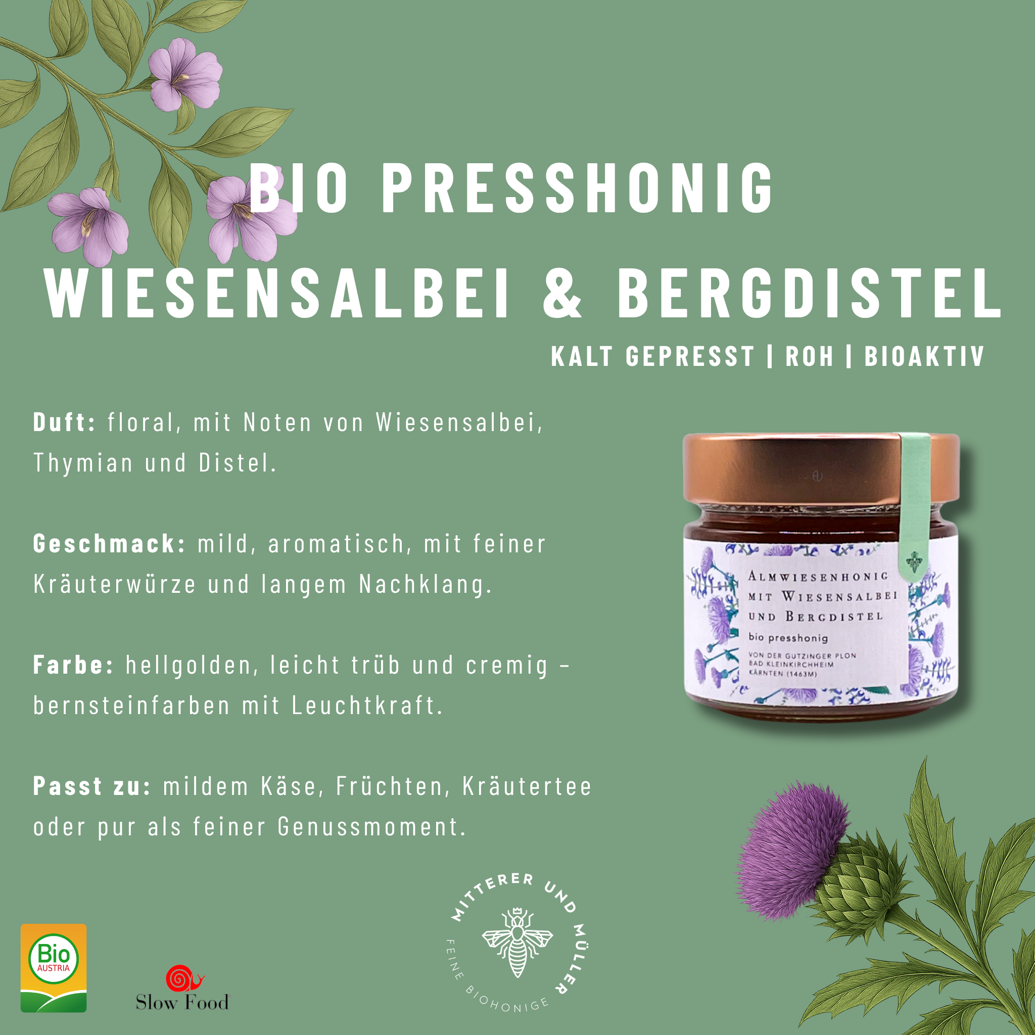 Bio-Presshonig Wiesensalbei & Bergdistel – Rohhonig kaltgepresst