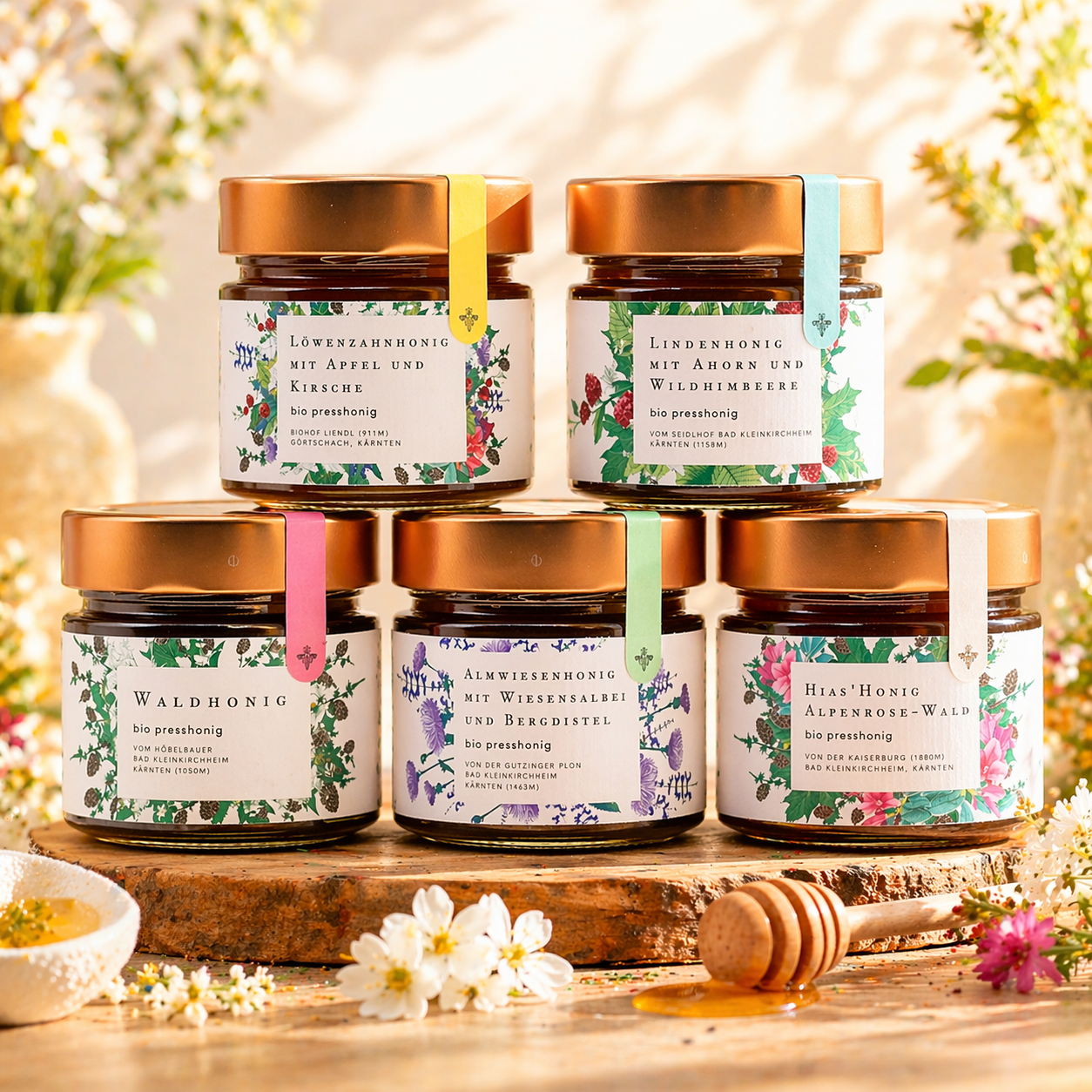 Große Presshonig Vielfalt Set – alle 5 Sorten Bio-Rohhonig kaltgepresst aus dem Biosphärenpark Nockberge

