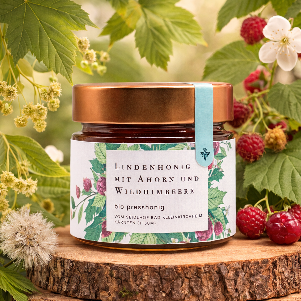 Bio-Presshonig Linde, Ahorn & Wildhimbeere – Rohhonig kaltgepresst