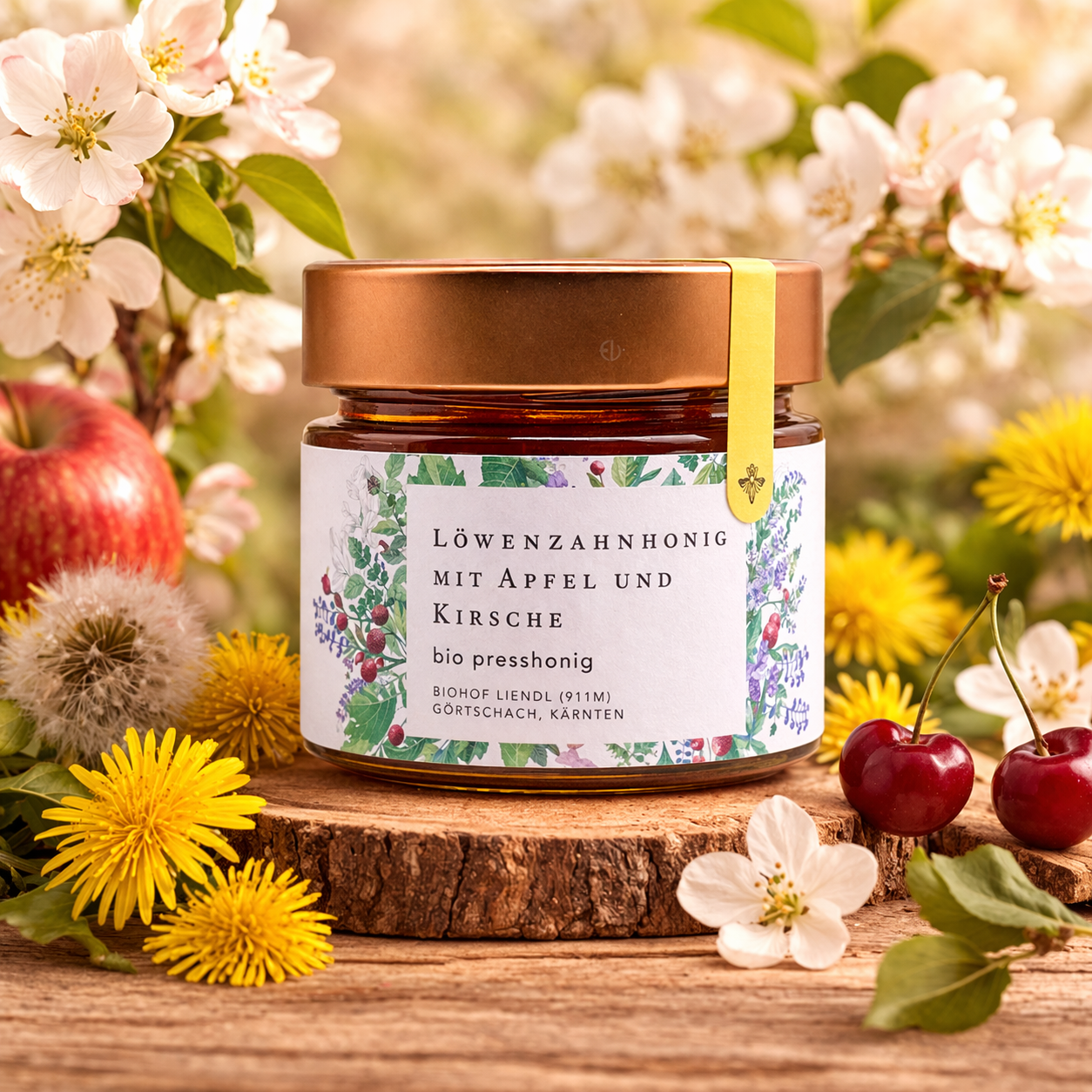 Bio-Presshonig Löwenzahn, Apfel & Kirsche – Rohhonig kaltgepresst
