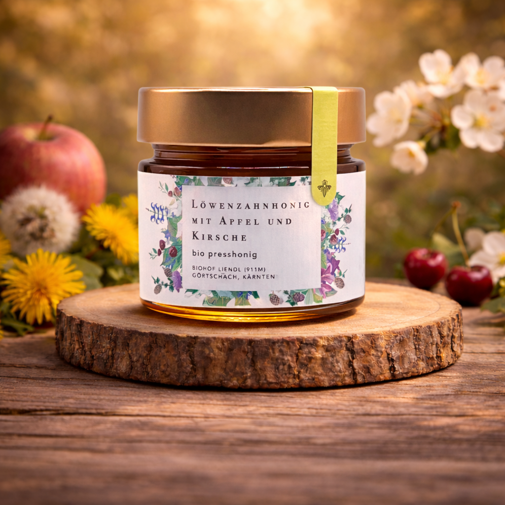 Bio Löwenzahnhonig Presshonig aus Österreich mit Apfel und Kirsche im Glas auf Holzscheibe, Löwenzahnblüten und Früchten, goldenes Licht, Premium Honig online kaufen