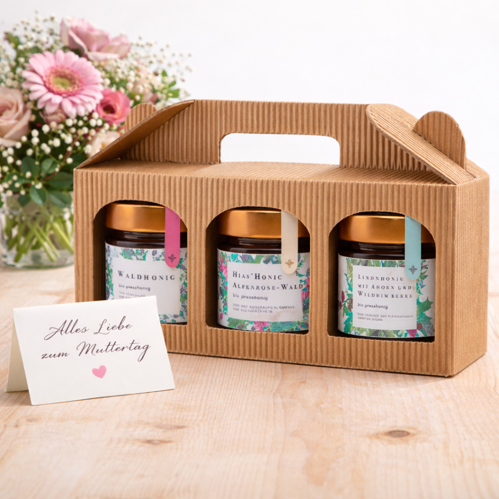 Bio Honig Muttertag Geschenkset mit 3 Gläsern in nachhaltiger Verpackung – hochwertiges Geschenk zum Muttertag 