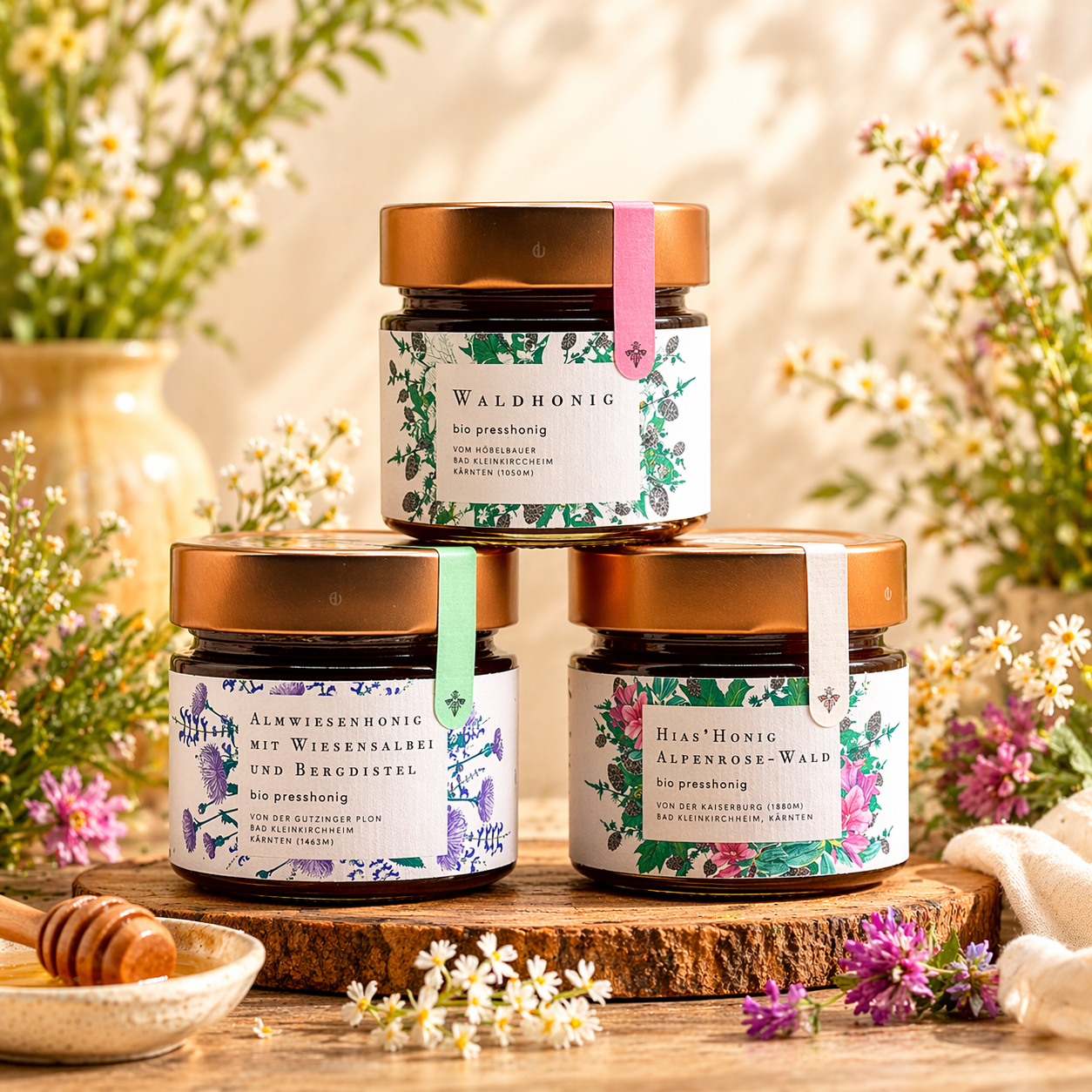 Presshonig Entdecker-Set 3 Sorten – Bio-Rohhonig kaltgepresst aus den Kärntner Nockbergen
